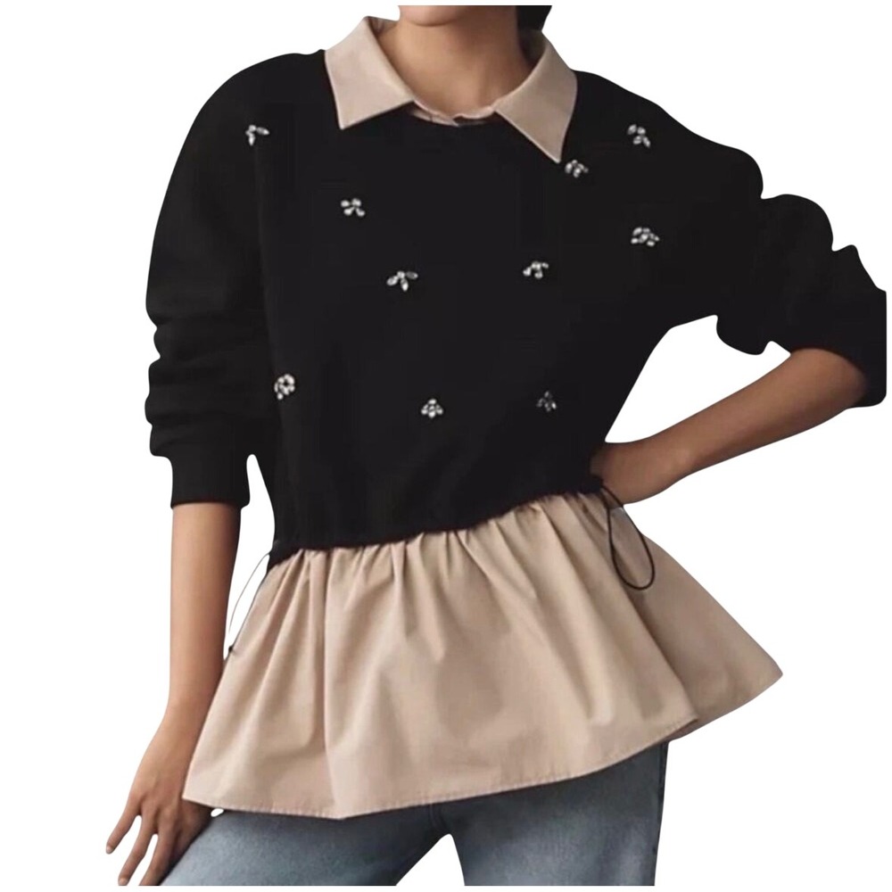 Maeve Anthropologie Embellished Mixed Media Peplum Sweatshirt Top Black Tan XS